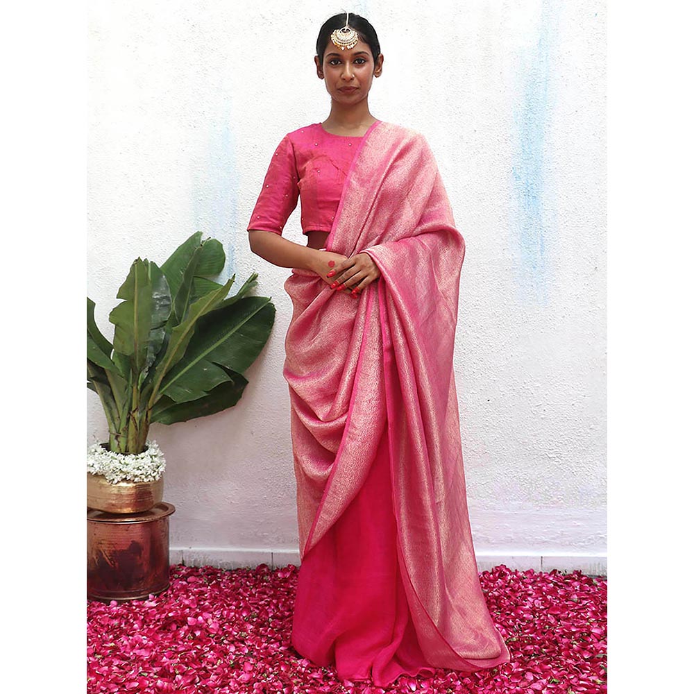 Chidiyaa Pink Eknoor Ojas Wee Handwoven Linen Zari Saree without Blouse