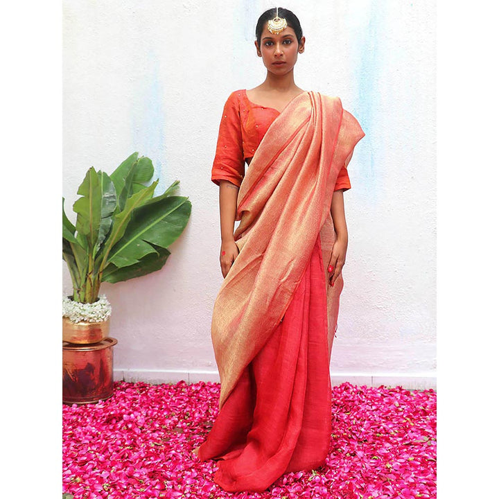 Chidiyaa Red Eknoor Bibha Handwoven Linen Zari Saree without Blouse