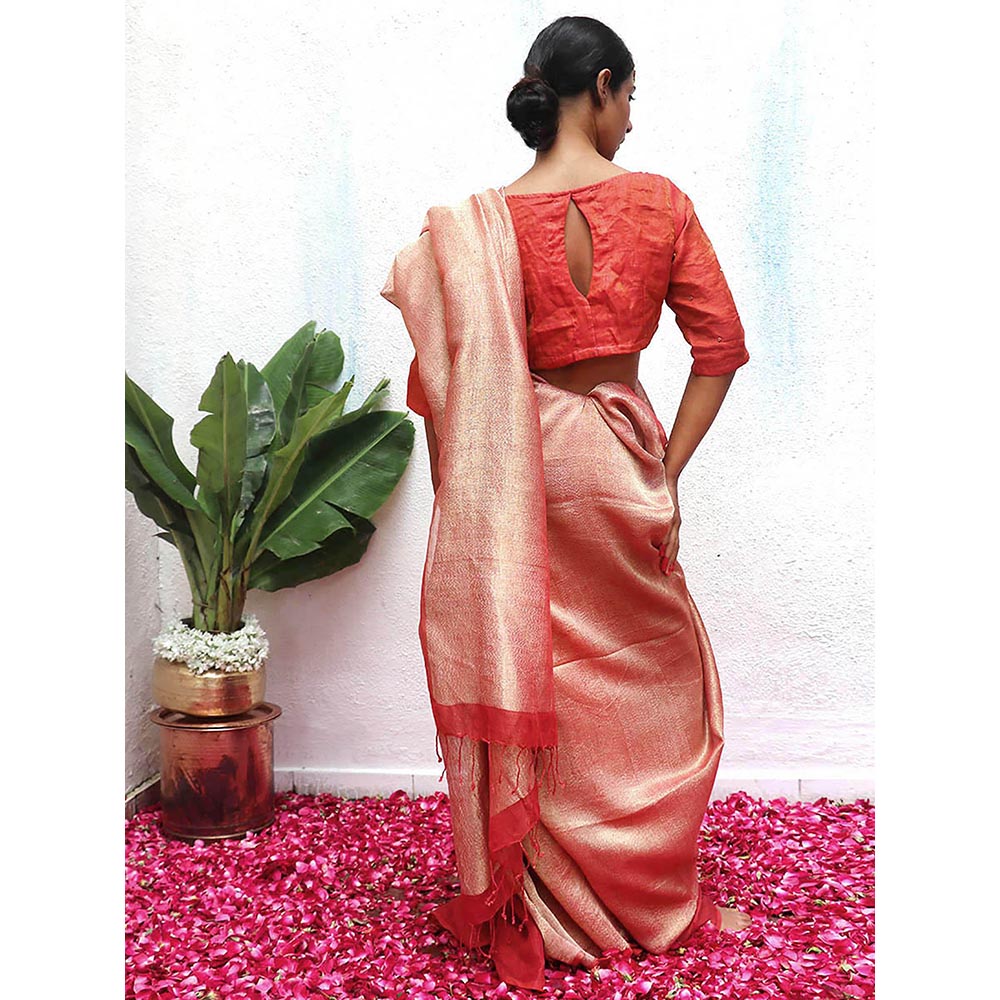 Chidiyaa Red Eknoor Bibha Handwoven Linen Zari Saree without Blouse