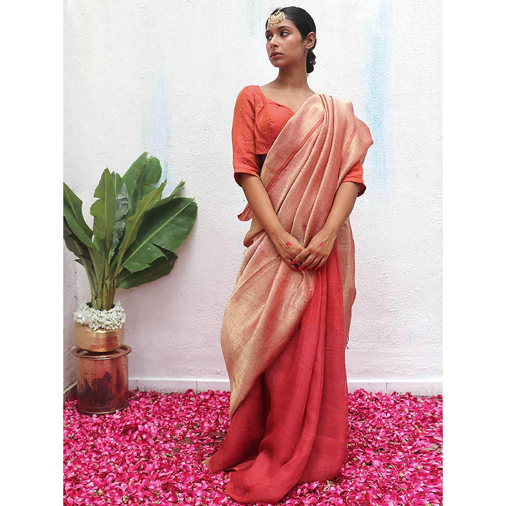 Chidiyaa Red Eknoor Bibha Handwoven Linen Zari Saree without Blouse