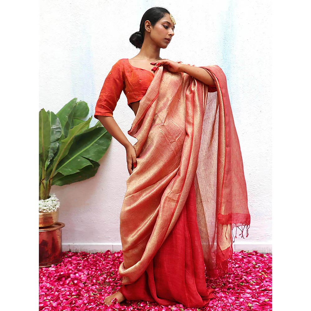 Chidiyaa Red Eknoor Bibha Handwoven Linen Zari Saree without Blouse