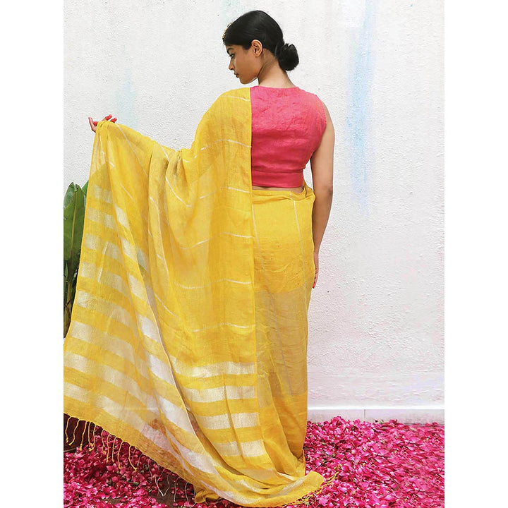 Chidiyaa Yellow Eknoor Arunima Handwoven Linen Zari Saree without Blouse