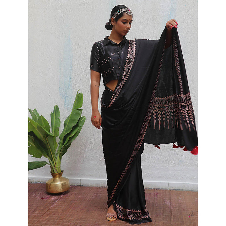 Chidiyaa Black Jaiswal Mansi Block Printed Modal Silk Saree without Blouse