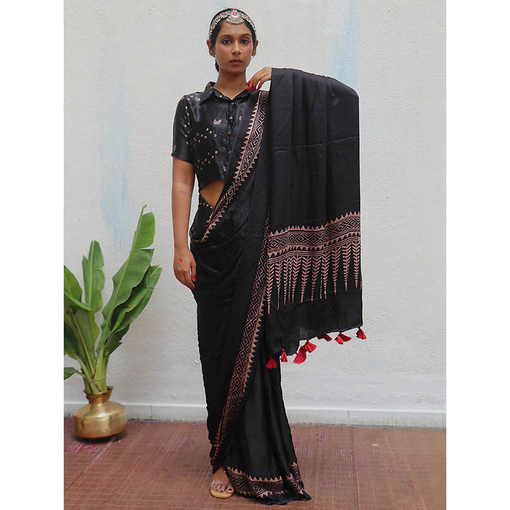 Chidiyaa Black Jaiswal Mansi Block Printed Modal Silk Saree without Blouse