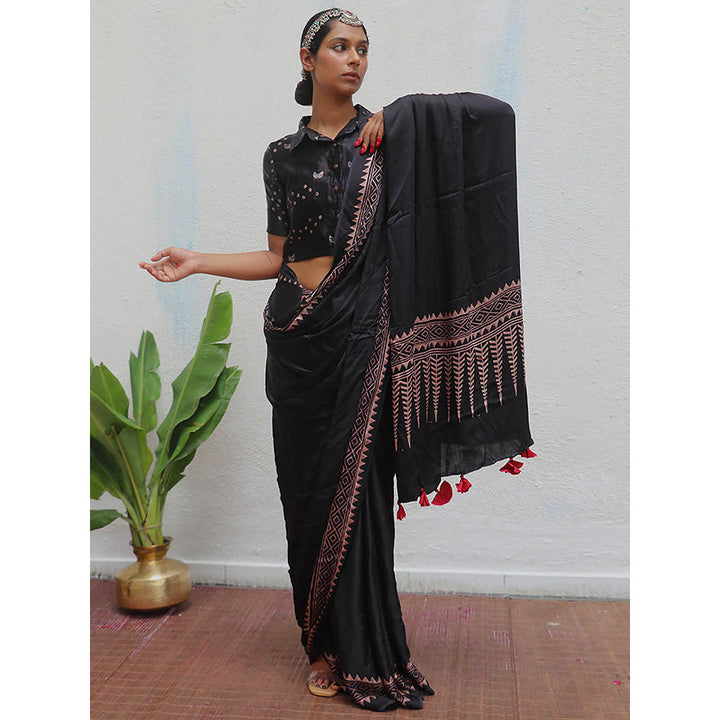 Chidiyaa Black Jaiswal Mansi Block Printed Modal Silk Saree without Blouse