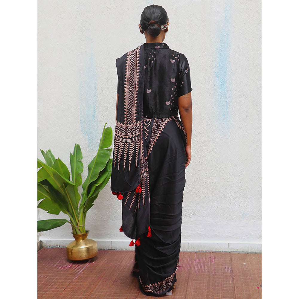 Chidiyaa Black Jaiswal Mansi Block Printed Modal Silk Saree without Blouse