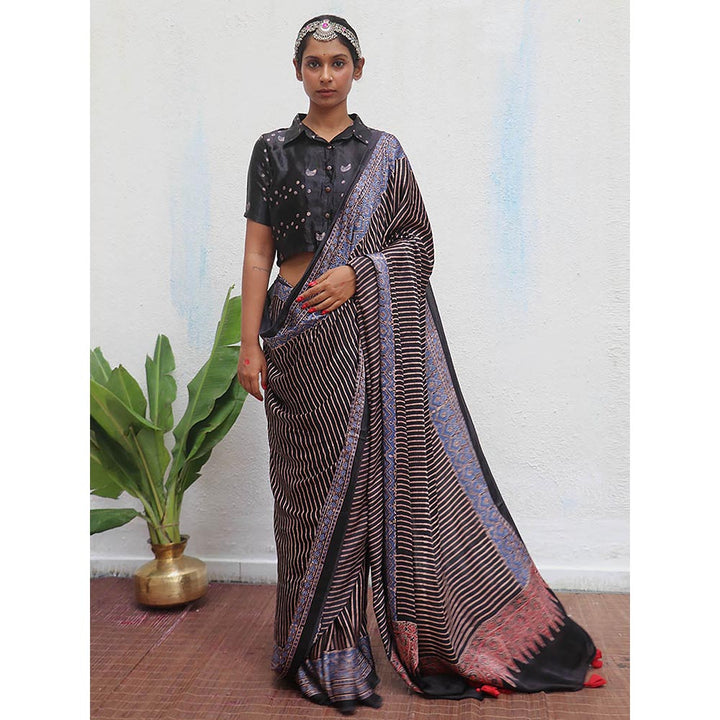 Chidiyaa Black Jaiswal Bhumika Block Printed Modal Silk Saree without Blouse