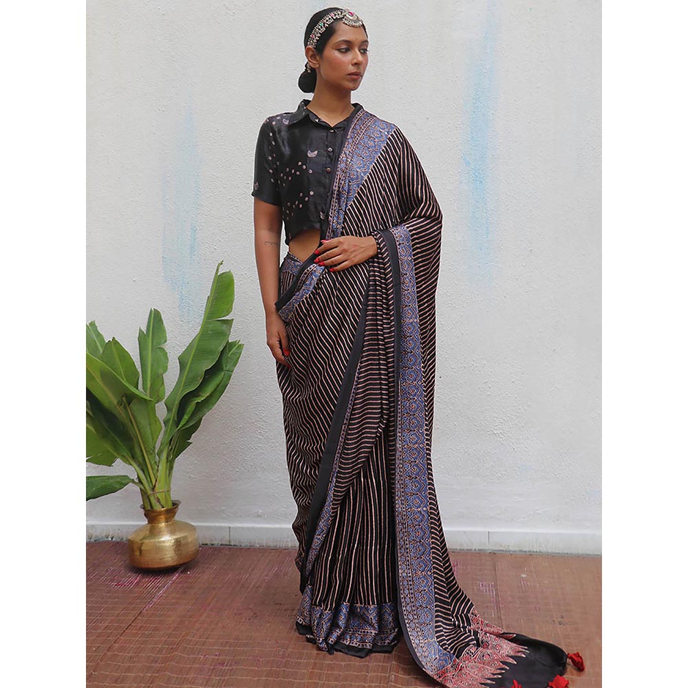 Chidiyaa Black Jaiswal Bhumika Block Printed Modal Silk Saree without Blouse