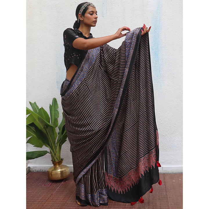 Chidiyaa Black Jaiswal Bhumika Block Printed Modal Silk Saree without Blouse