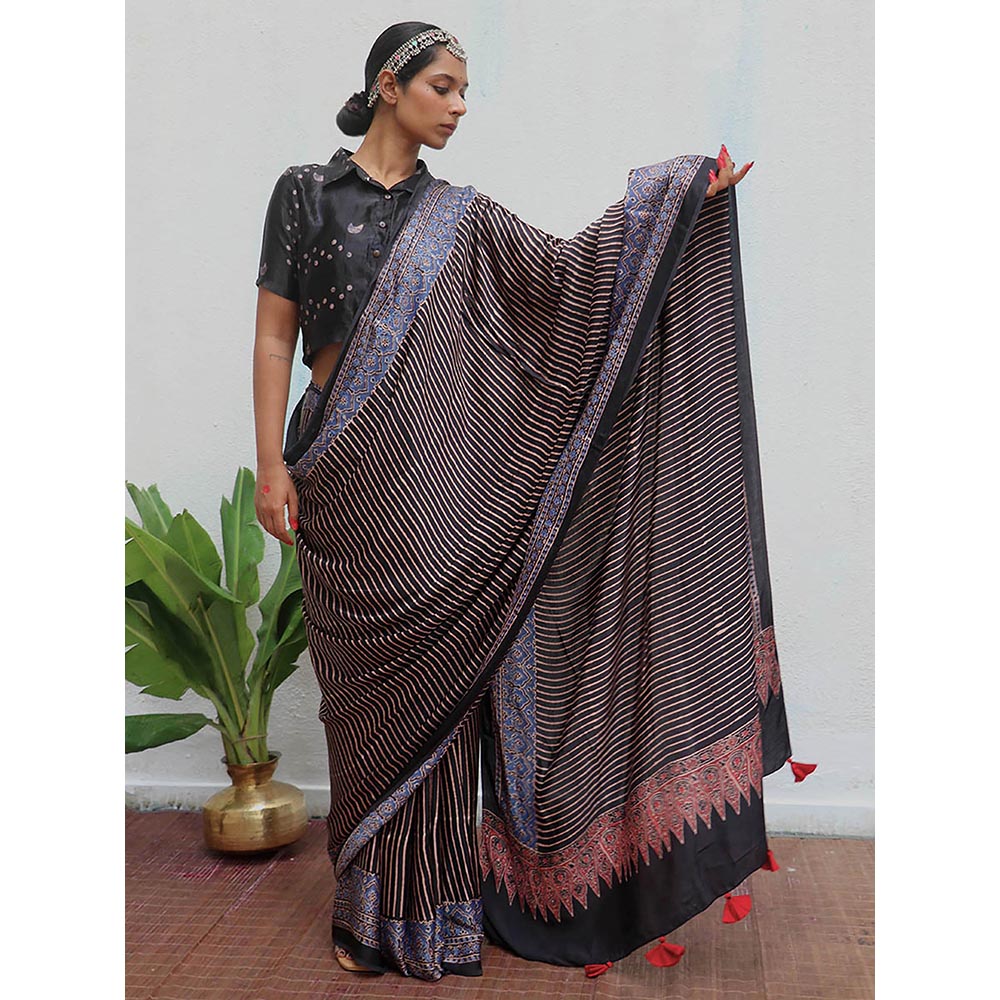 Chidiyaa Black Jaiswal Bhumika Block Printed Modal Silk Saree without Blouse