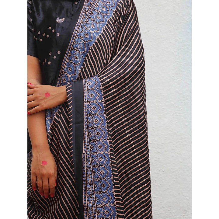 Chidiyaa Black Jaiswal Bhumika Block Printed Modal Silk Saree without Blouse