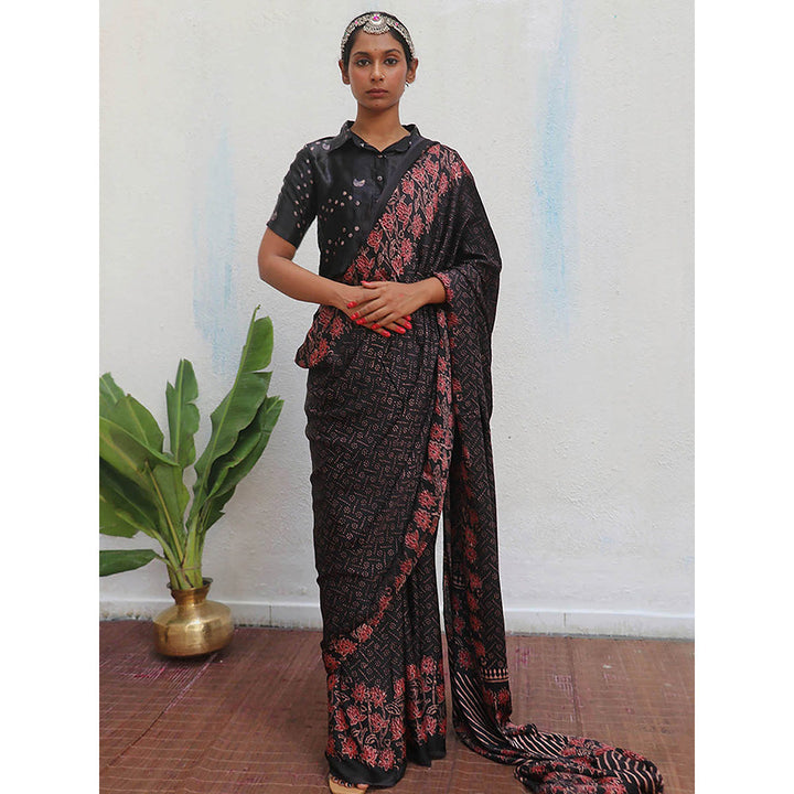 Chidiyaa Black Jaiswal Rahi Block Printed Modal Silk Saree without Blouse