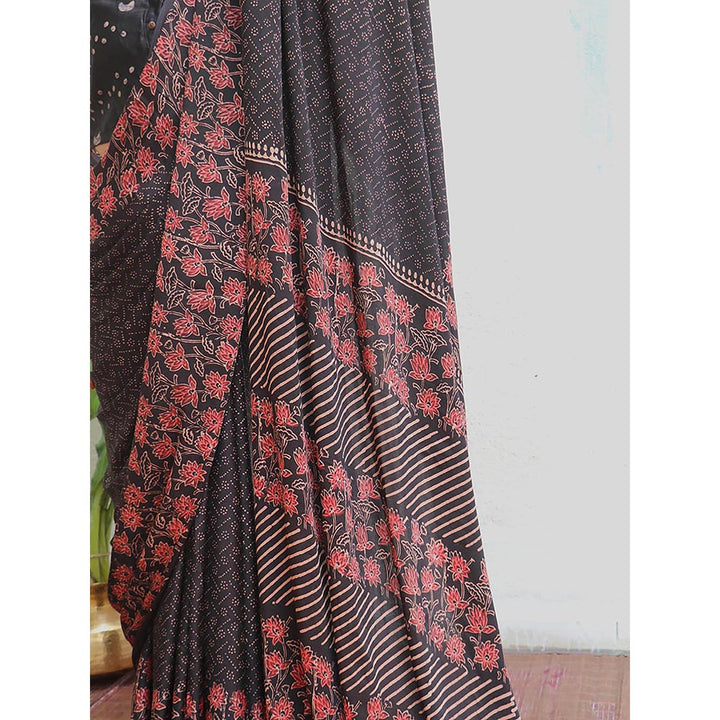 Chidiyaa Black Jaiswal Rahi Block Printed Modal Silk Saree without Blouse