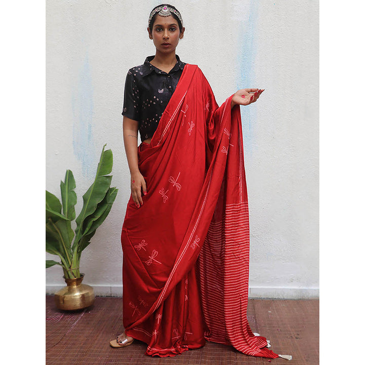 Chidiyaa Red Jaiswal Dhara Block Printed Modal Silk Saree without Blouse