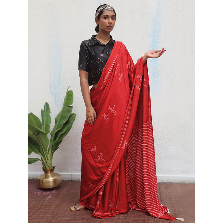 Chidiyaa Red Jaiswal Dhara Block Printed Modal Silk Saree without Blouse