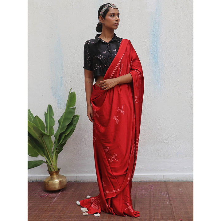 Chidiyaa Red Jaiswal Dhara Block Printed Modal Silk Saree without Blouse