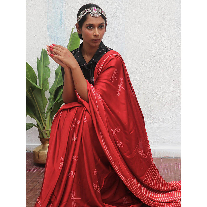 Chidiyaa Red Jaiswal Dhara Block Printed Modal Silk Saree without Blouse