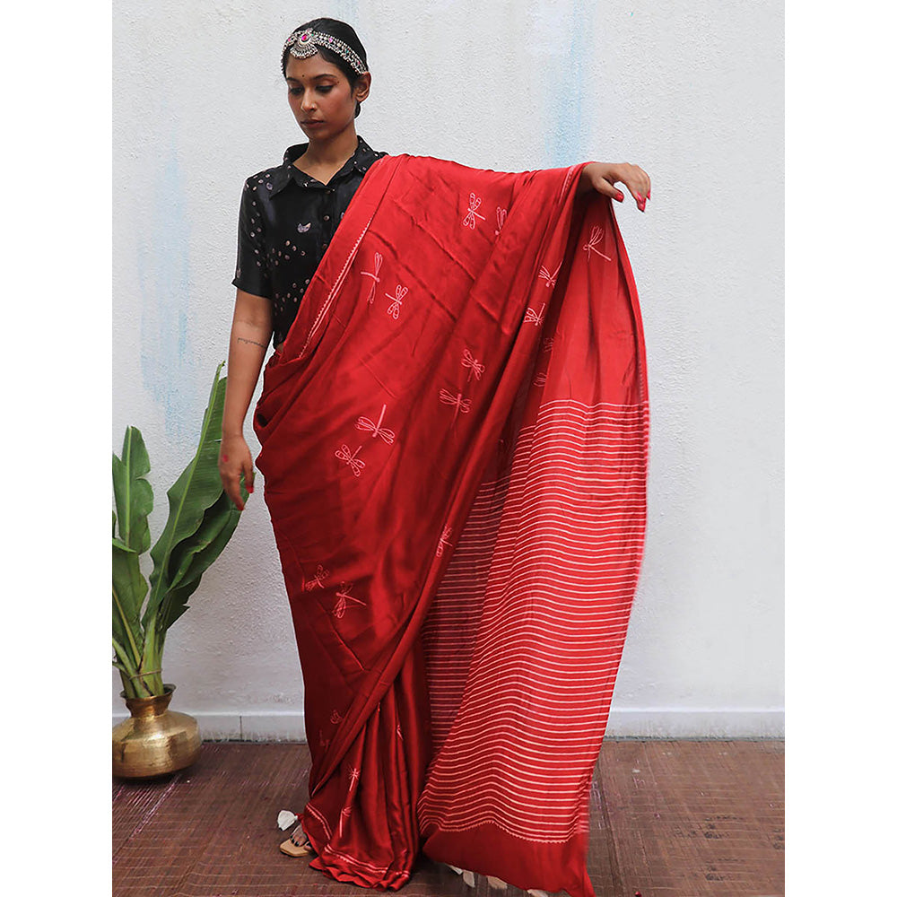 Chidiyaa Red Jaiswal Dhara Block Printed Modal Silk Saree without Blouse