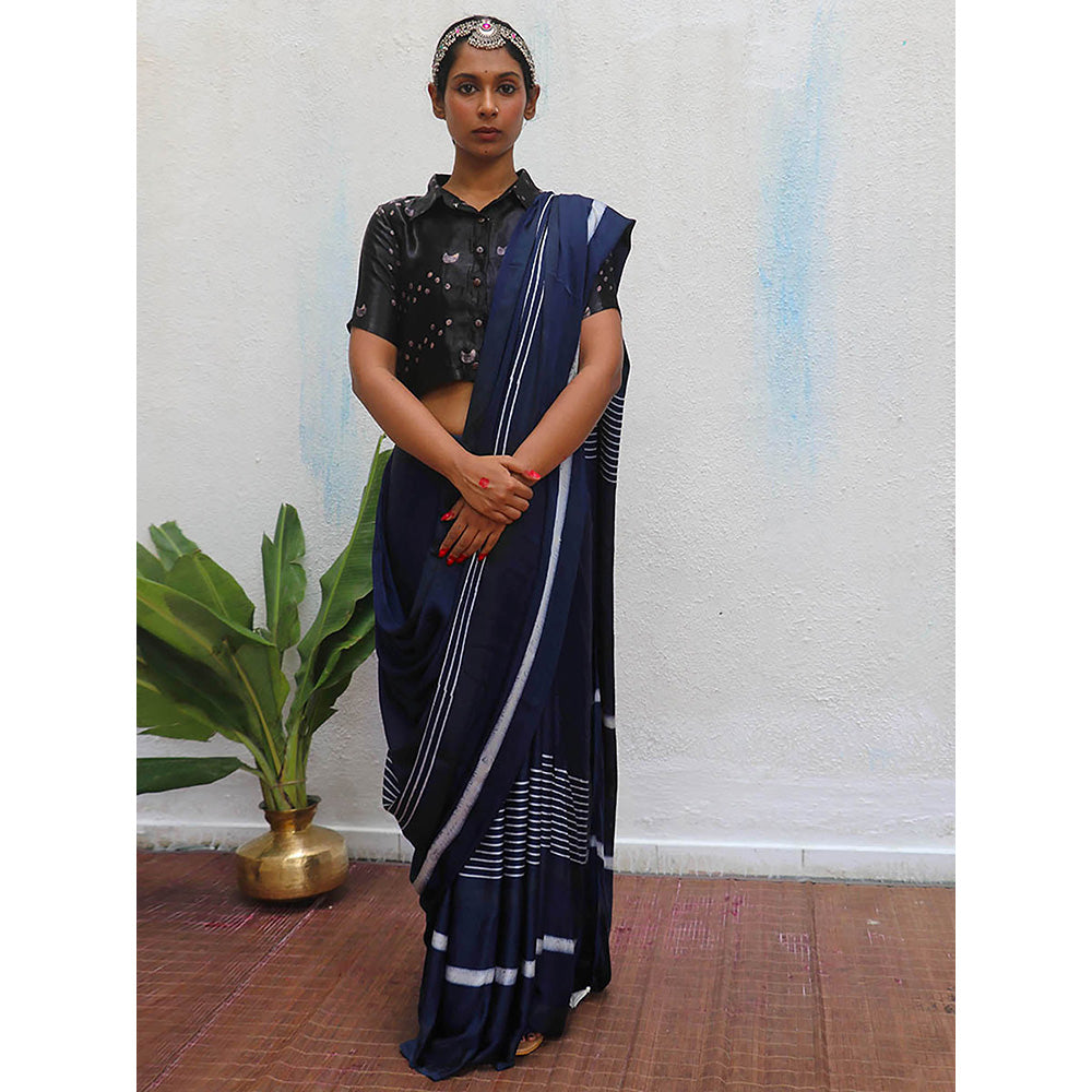 Chidiyaa Blue Jaiswal Bhoomi Block Printed Modal Silk Saree without Blouse