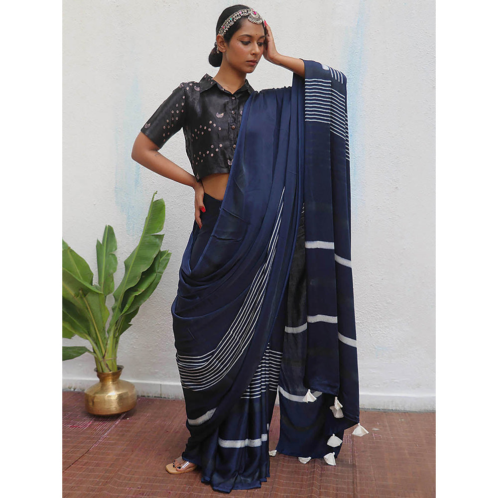 Chidiyaa Blue Jaiswal Bhoomi Block Printed Modal Silk Saree without Blouse