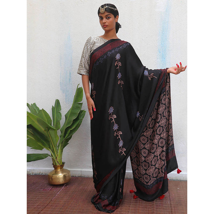 Chidiyaa Black Jaiswal Ahima Block Printed Modal Silk Saree without Blouse