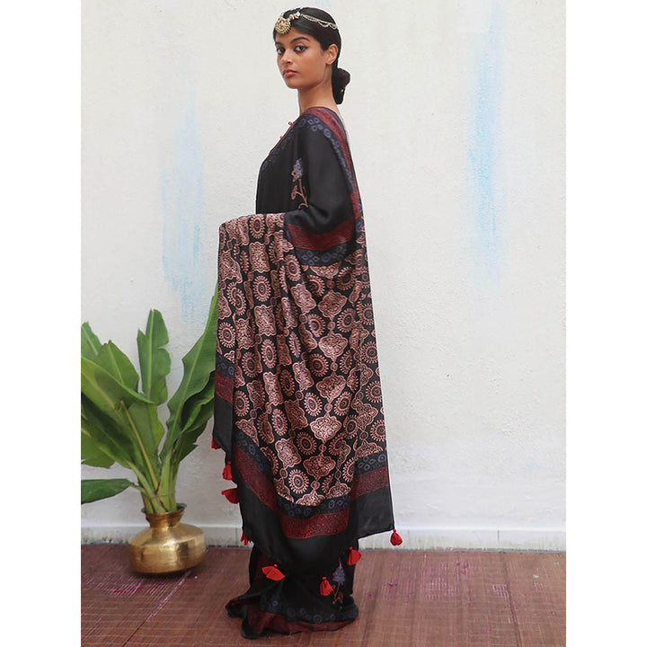 Chidiyaa Black Jaiswal Ahima Block Printed Modal Silk Saree without Blouse