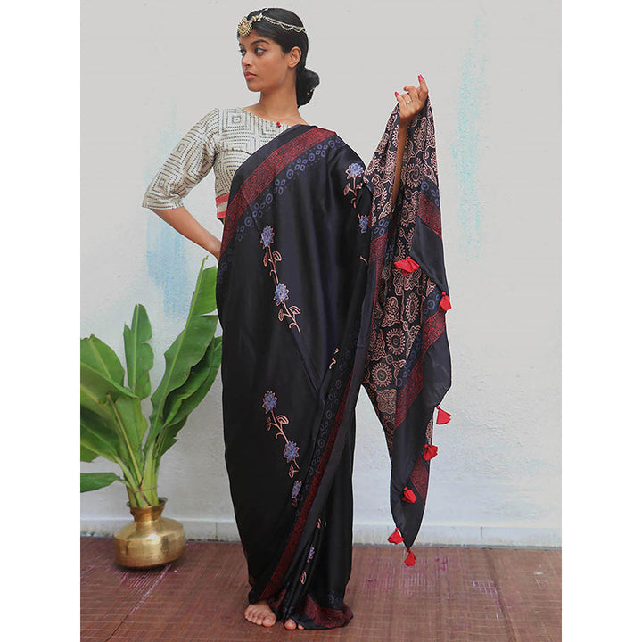 Chidiyaa Black Jaiswal Ahima Block Printed Modal Silk Saree without Blouse