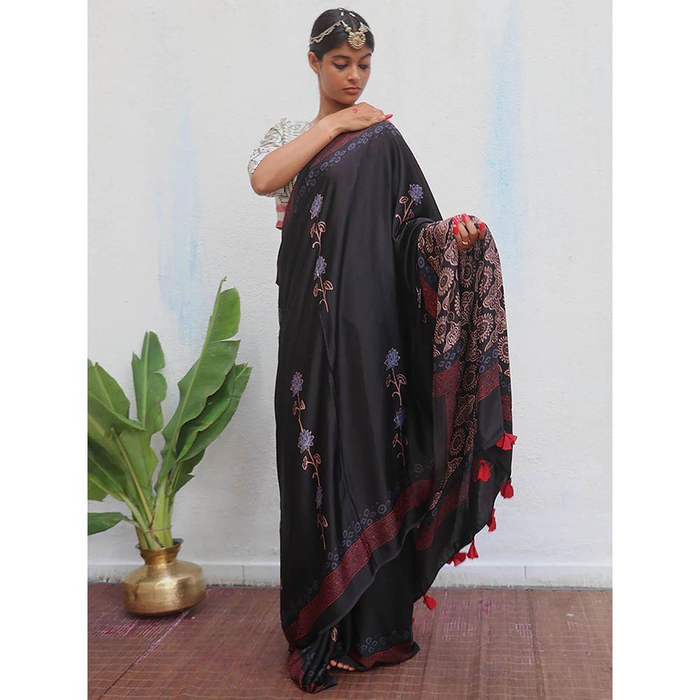 Chidiyaa Black Jaiswal Ahima Block Printed Modal Silk Saree without Blouse