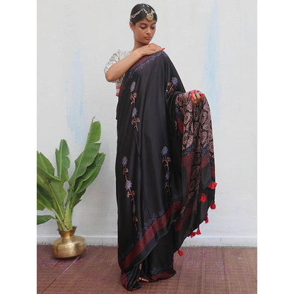 Chidiyaa Black Jaiswal Ahima Block Printed Modal Silk Saree without Blouse
