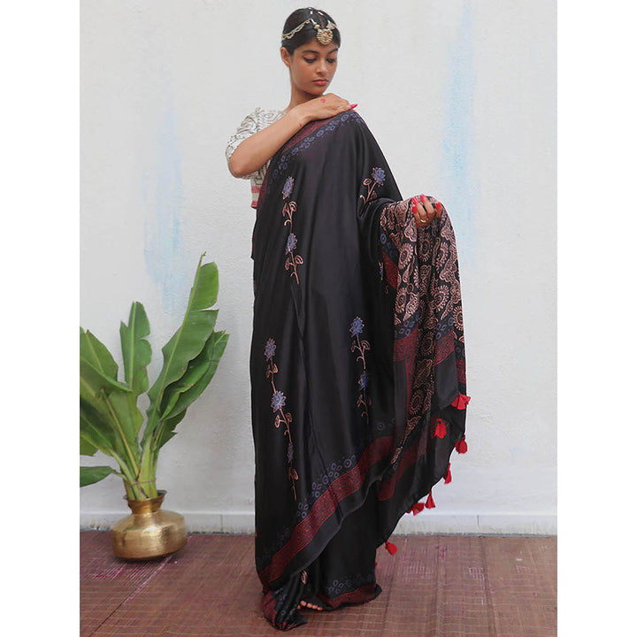 Chidiyaa Black Jaiswal Ahima Block Printed Modal Silk Saree without Blouse