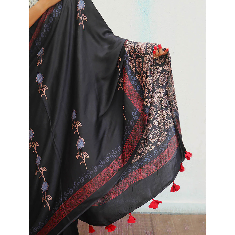 Chidiyaa Black Jaiswal Ahima Block Printed Modal Silk Saree without Blouse