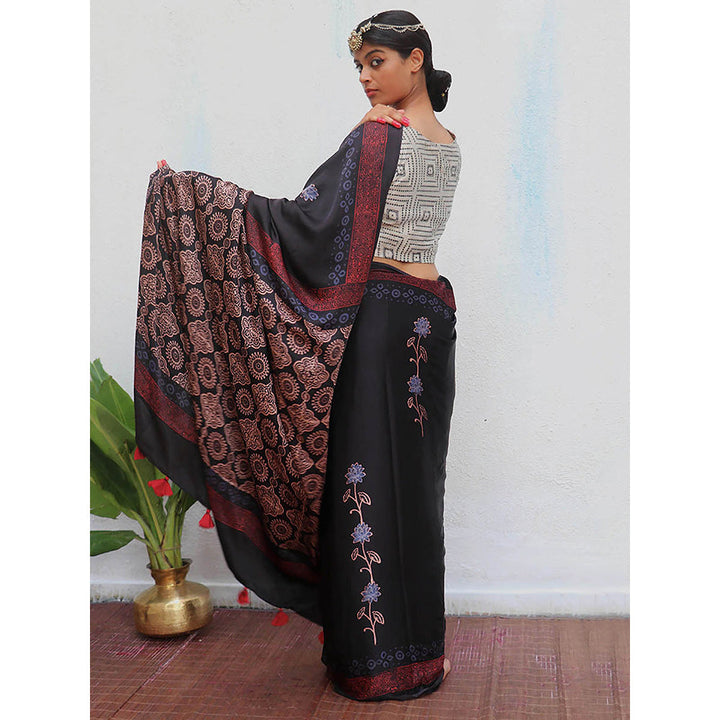 Chidiyaa Black Jaiswal Ahima Block Printed Modal Silk Saree without Blouse