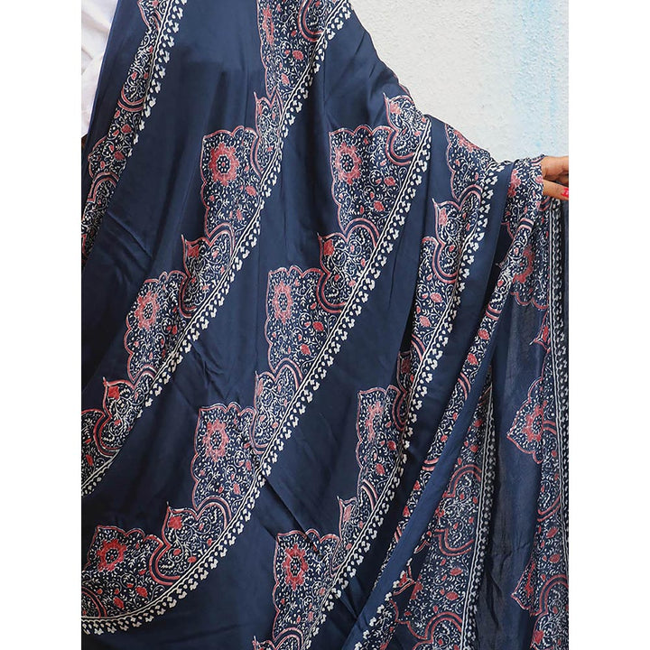 Chidiyaa Blue Jaiswal Elishat Block Printed Modal Silk Saree without Blouse