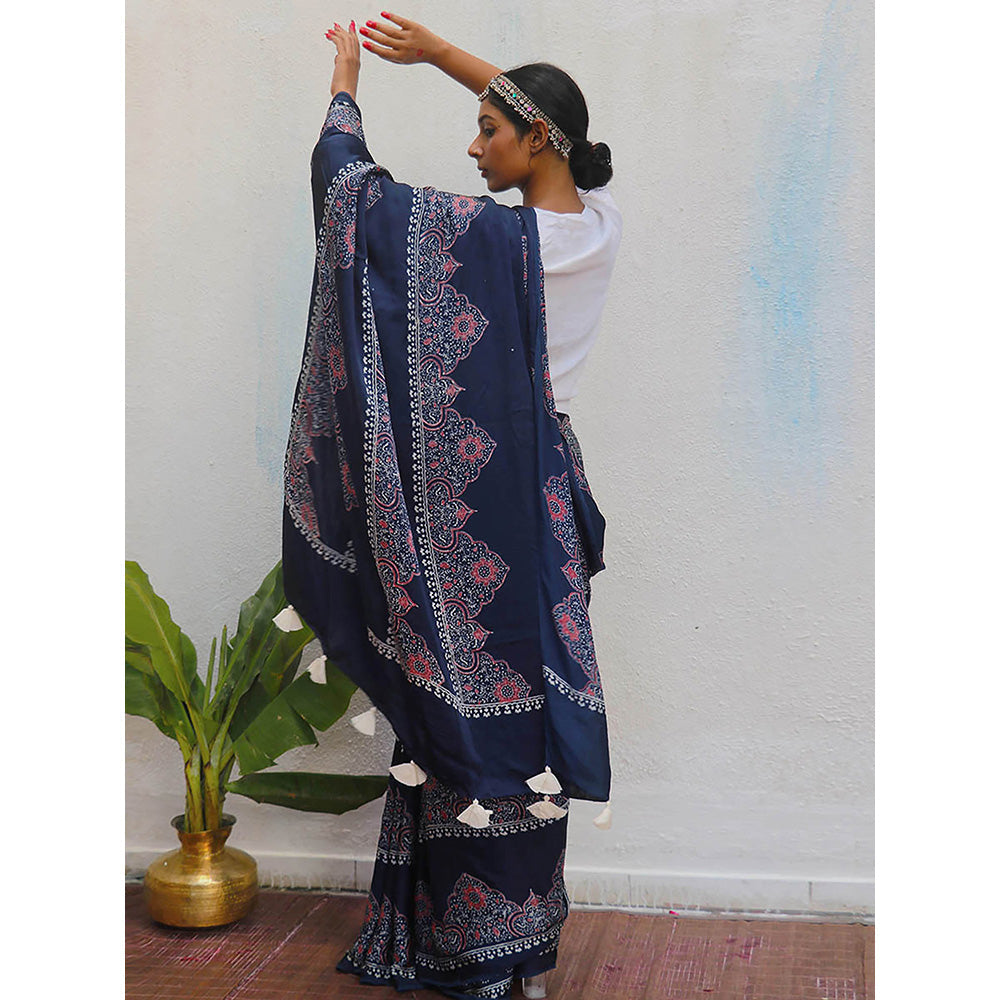 Chidiyaa Blue Jaiswal Elishat Block Printed Modal Silk Saree without Blouse