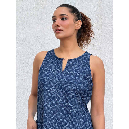 Chidiyaa Navy Blue Butterfly Blockprinted Cotton Dress