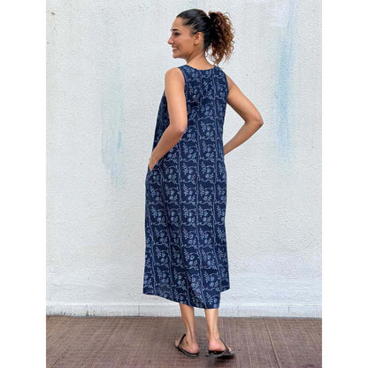 Chidiyaa Navy Blue Blockprinted Cotton Dress
