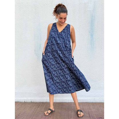 Chidiyaa Navy Blue Blockprinted Cotton Dress