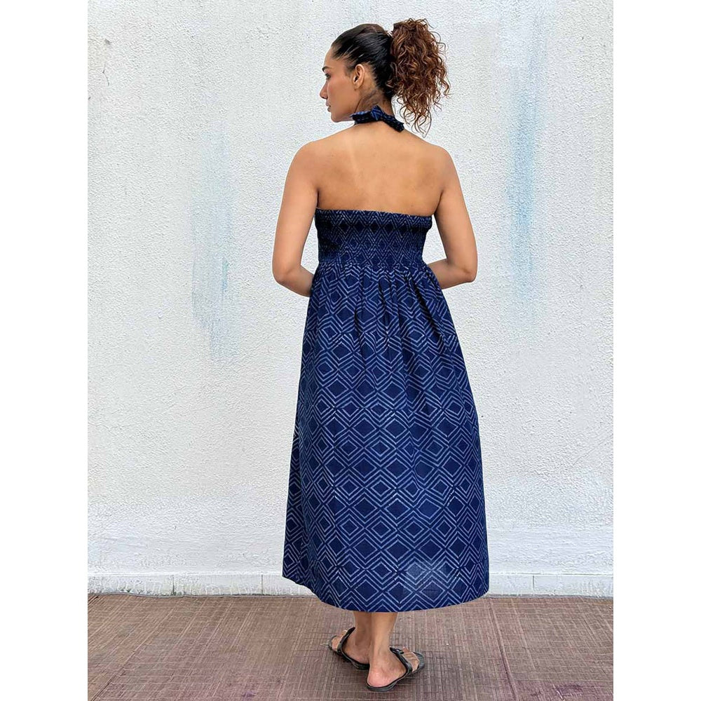 Chidiyaa Navy Blue Boheme Blockprinted Cotton Dress