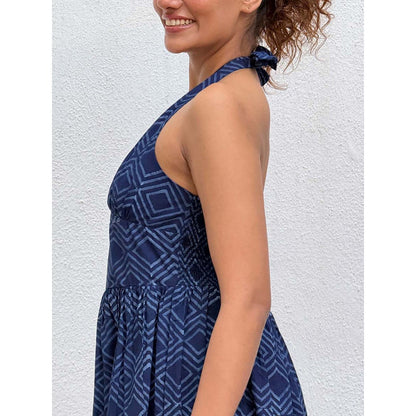 Chidiyaa Navy Blue Boheme Blockprinted Cotton Dress