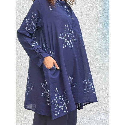 Chidiyaa Navy Blue Indi-Glow Bandhej Cotton Kurti
