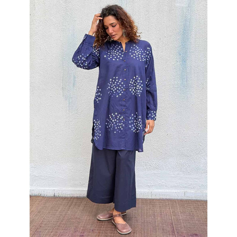 Chidiyaa Navy Blue Paper Moon Bandhej Cotton Kurta