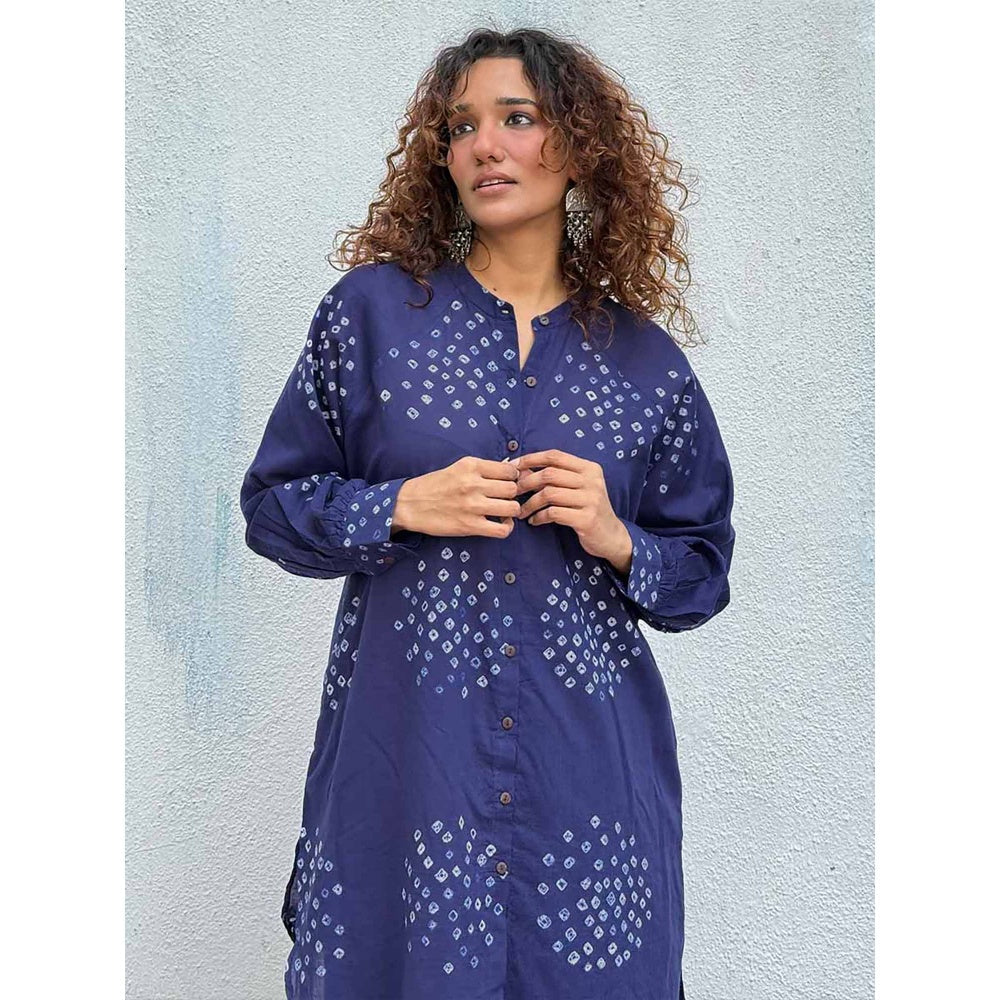 Chidiyaa Navy Blue Paper Moon Bandhej Cotton Kurta