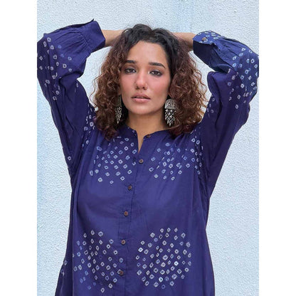 Chidiyaa Navy Blue Paper Moon Bandhej Cotton Kurta