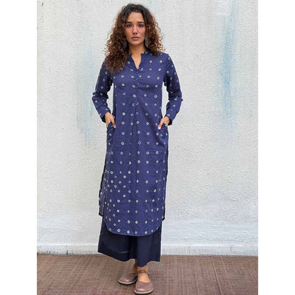Chidiyaa Navy Blue Midnight Waltz Bandhej Cotton Kurta