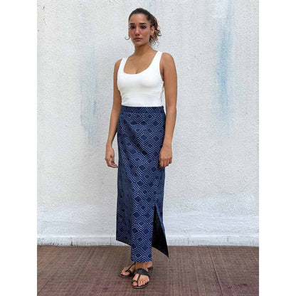 Chidiyaa Navy Blue Bunting Block Printed Cotton Skirt