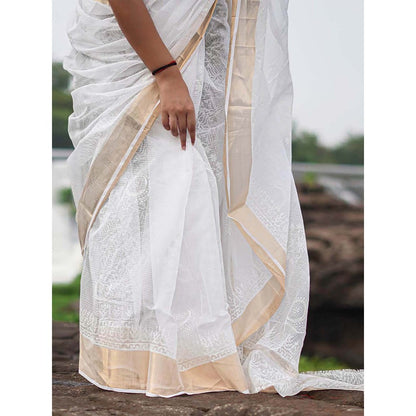 Chidiyaa Safed Milk Glass Kota Doria White Block Printed Saree with Unstitched Blouse