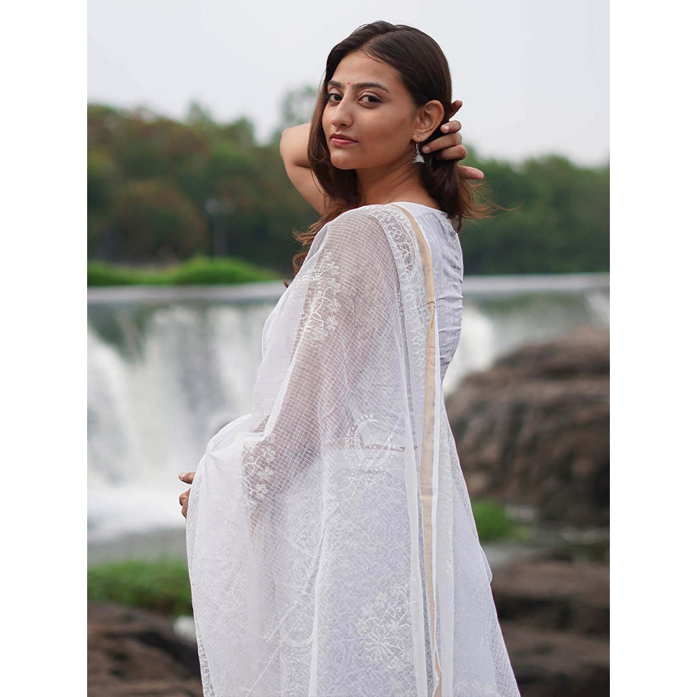 Chidiyaa Safed Milk Glass Kota Doria White Block Printed Saree with Unstitched Blouse