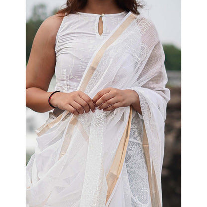 Chidiyaa Safed Milk Glass Kota Doria White Block Printed Saree with Unstitched Blouse