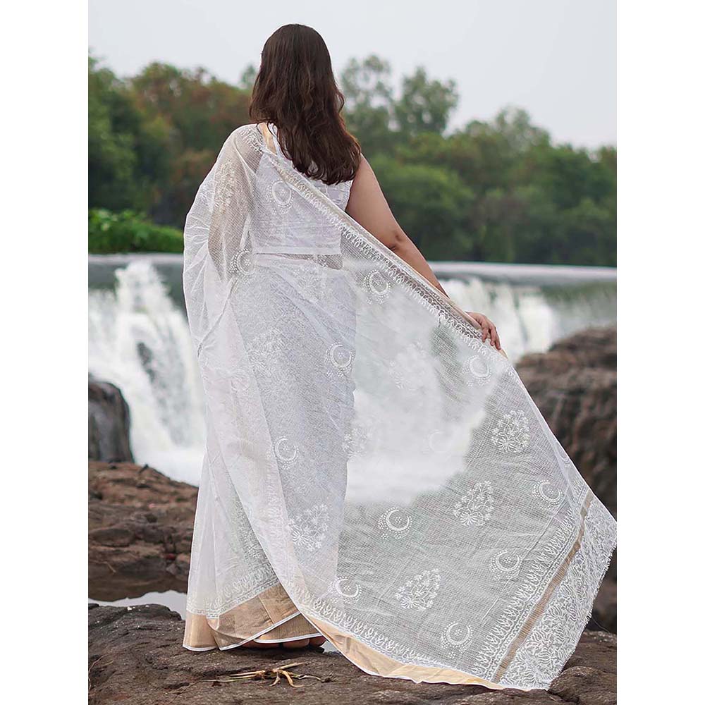 Chidiyaa Safed Milk Glass Kota Doria White Block Printed Saree with Unstitched Blouse