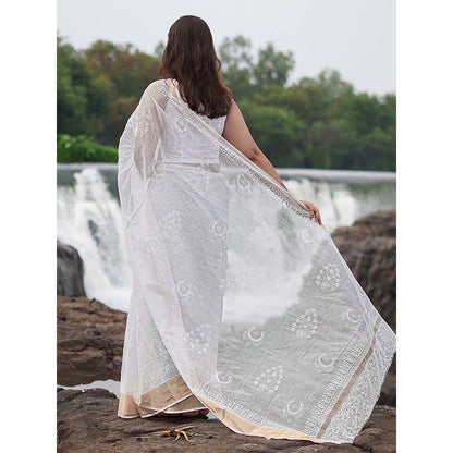Chidiyaa Safed Milk Glass Kota Doria White Block Printed Saree with Unstitched Blouse